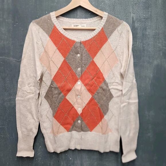 Old Navy Button Up Argyle Sweater Oatmeal Retro Grandmacore Cardigan Medium - Picture 1 of 11